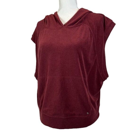 prAna Anillio Active Wear Muscle Hoodie Burgundy Wine Terry Pockets Size Large - Picture 2 of 10